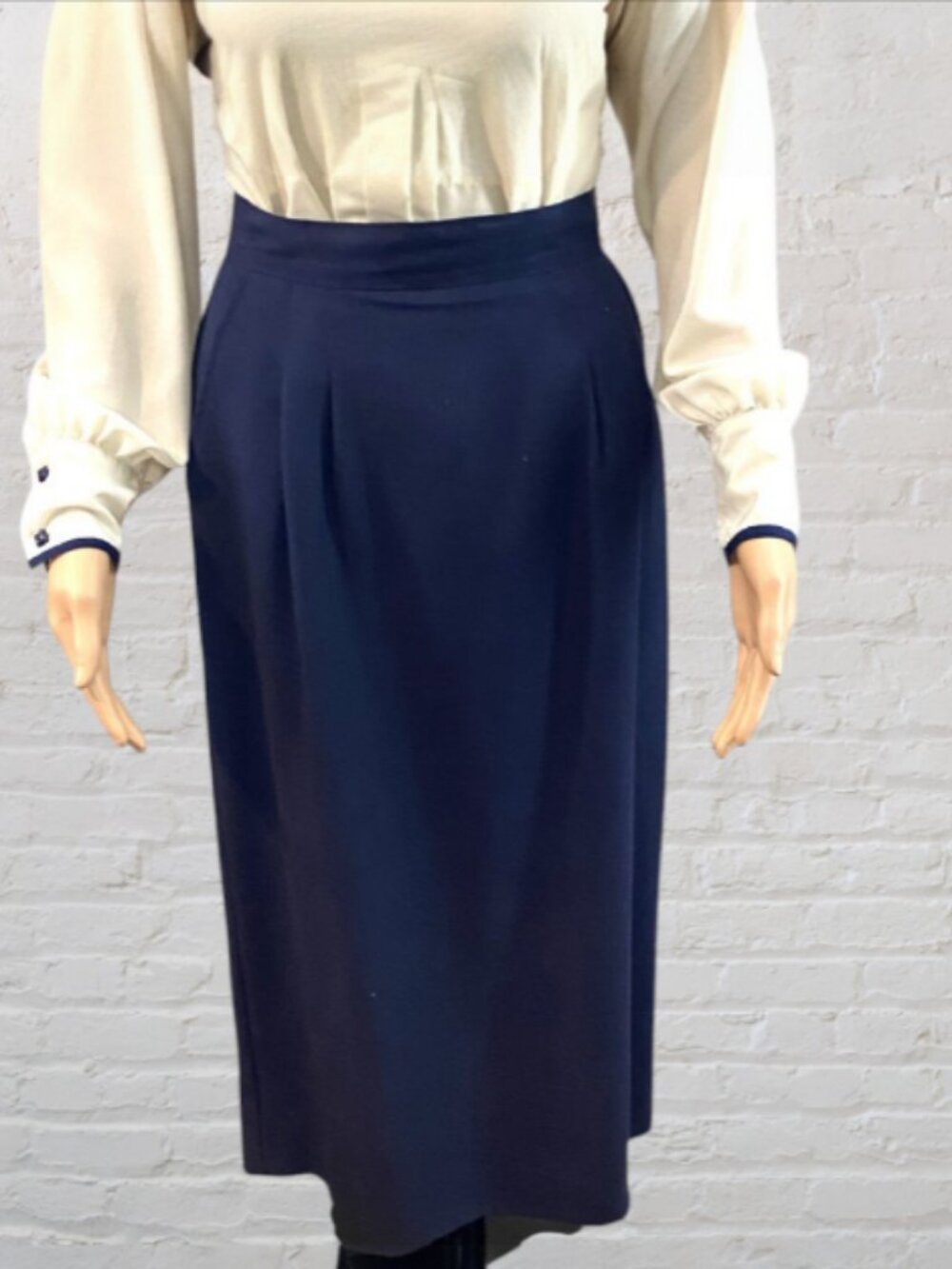 VINTAGE DAILY HABIT -- Navy Midi Skirt, Buttoned Back Vent and Zip, Pockets